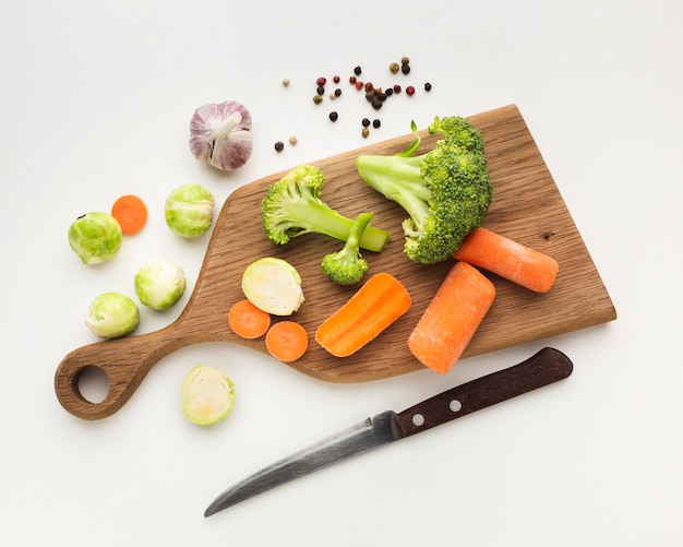 Higgh angle vegetables mix on cutting board with copy space
