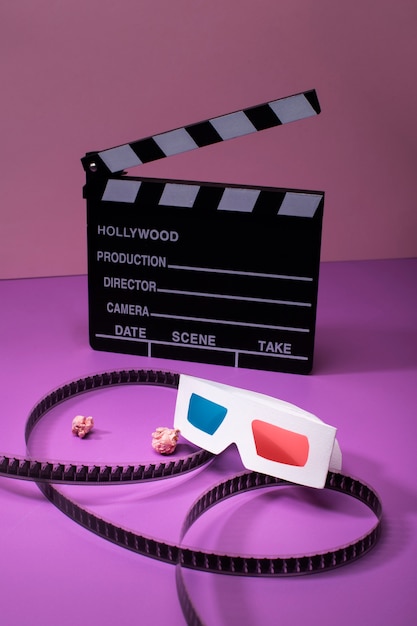 Free photo high angle 3d glasses and clapper board