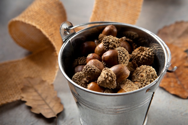 Free photo high angle acorns on table still life