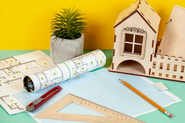 High angle architectural objects on desk