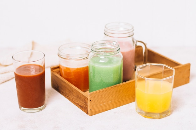 High angle arrangement of colorful smoothies