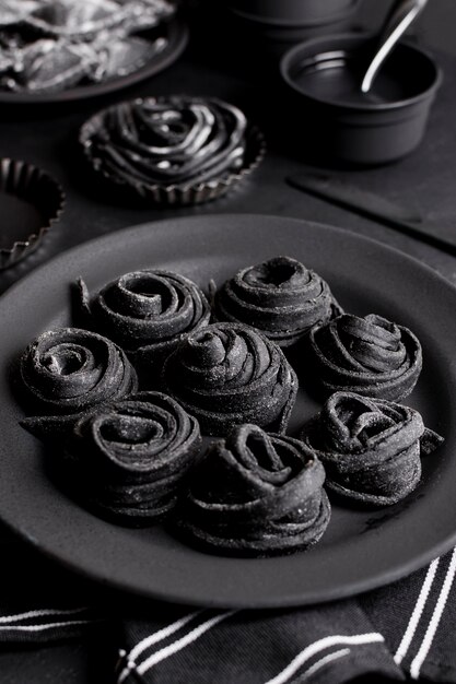 High angle arrangement of delicious food on dark table