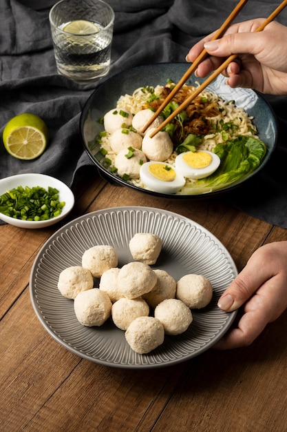 High angle arrangement of delicious indonesian bakso