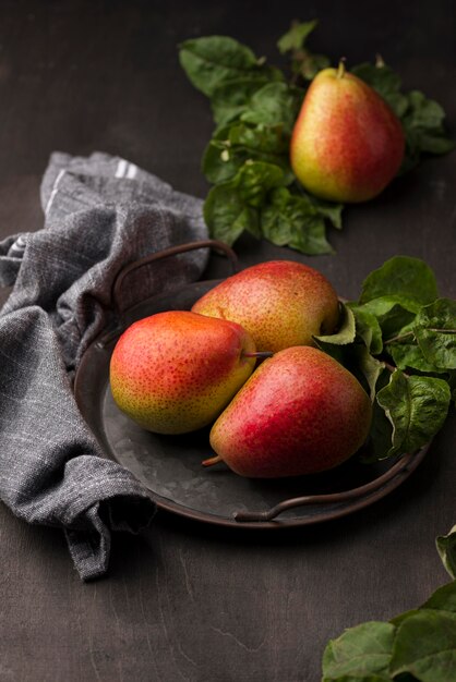 High angle arrangement of delicious pears