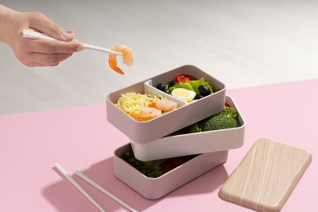 High angle arrangement of japanese bento box