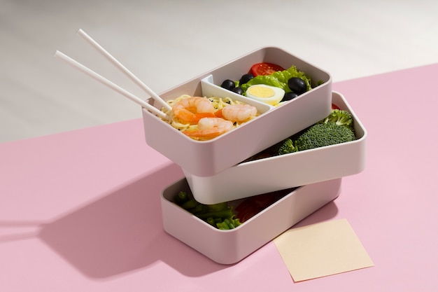 High angle arrangement of japanese bento box