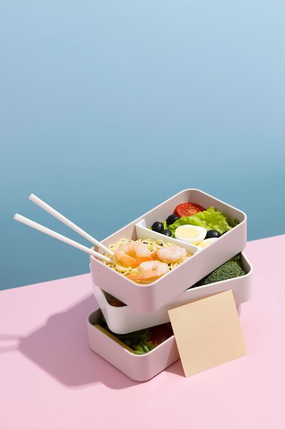 High angle arrangement of japanese bento box