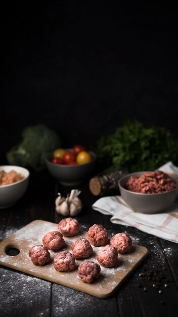 High angle arrangement of meatballs on wooden board