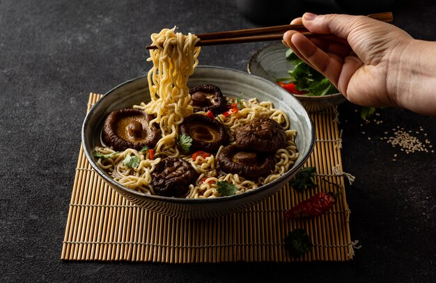 High angle arrangement of noodles in a bowl