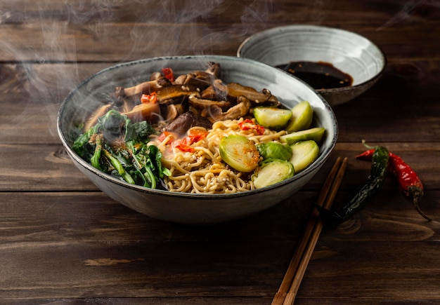 High angle arrangement of noodles in a bowl