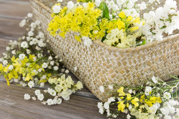 High angle arrangement with basket of flowers