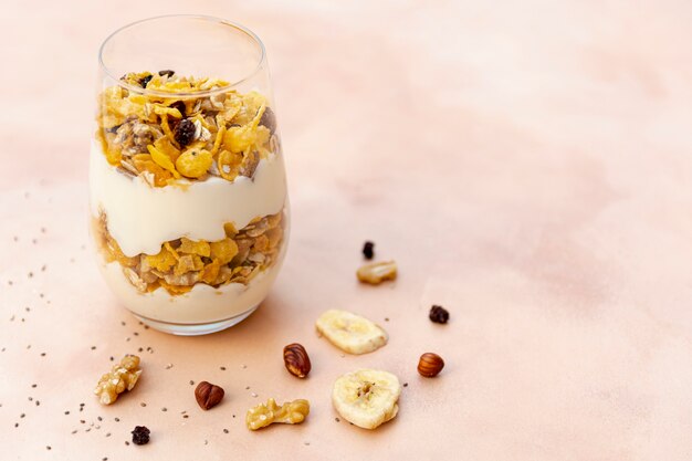 High angle arrangement with cereals in a glass