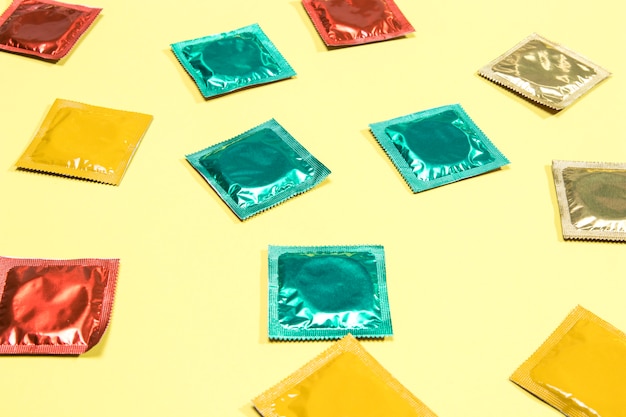 High angle arrangement with colourful condoms