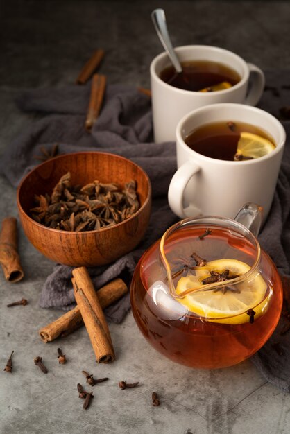 High angle arrangement with delicious tea and cinnamon sticks