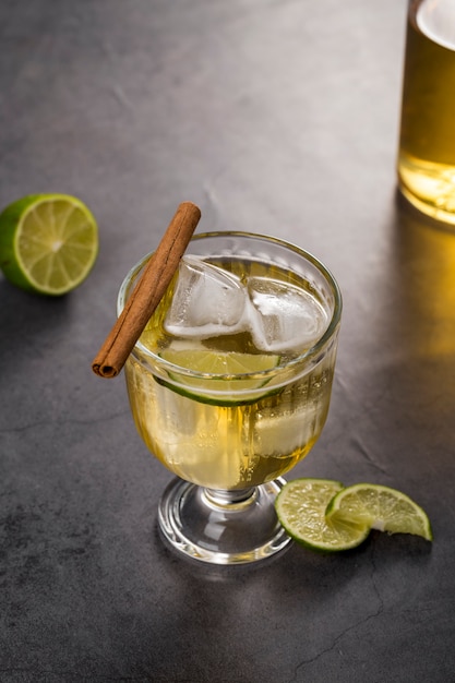 High angle arrangement with drink and cinnamon stick