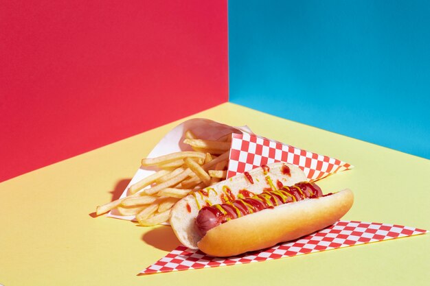 High angle arrangement with fried potatoes and hot dog 