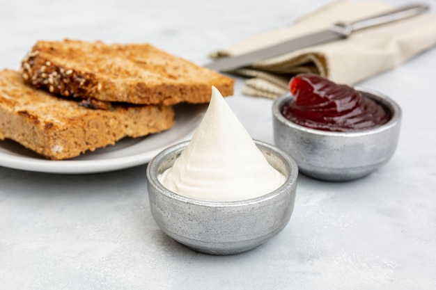 High angle arrangement with sauces and toast