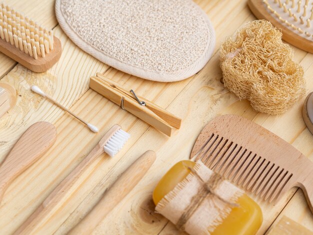 High angle arrangement with soap, sponge and wooden products