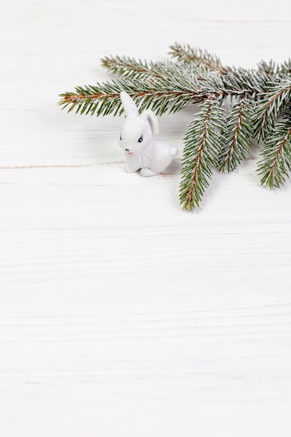 High angle arrangement with twig and rabbit