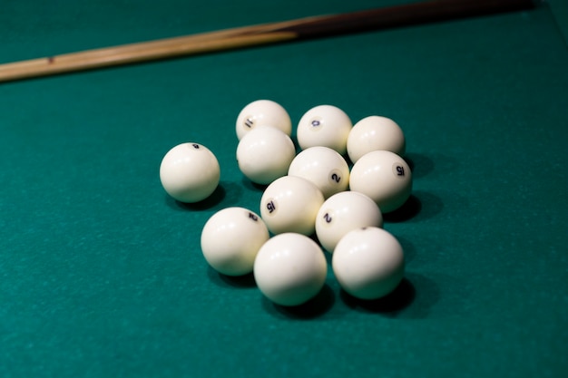 High angle arrangement with white pool balls