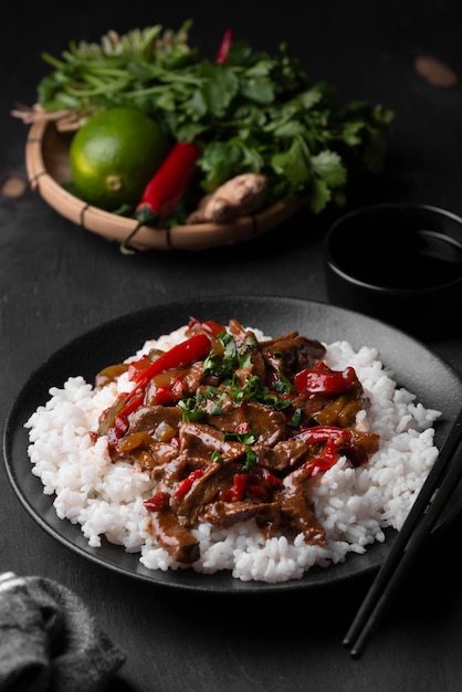 High angle of asian rice with meat