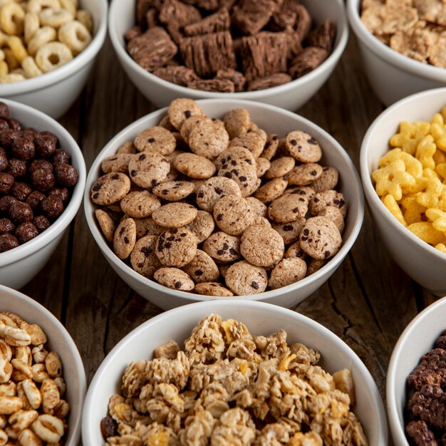 High angle of assortment of breakfast cereals