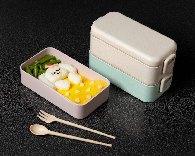 High angle assortment of japanese bento box