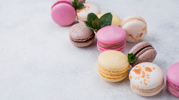 Free photo high angle of assortment of macarons with mint and copy space