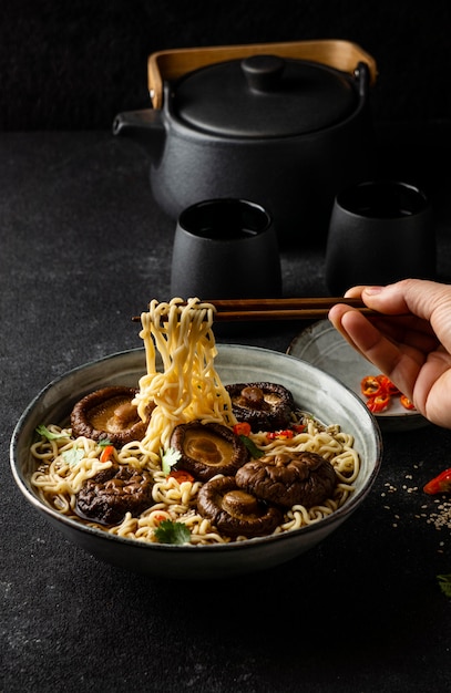 High angle assortment of noodles in a bowl