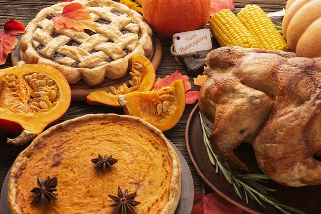 High angle assortment with delicious thanksgiving food 