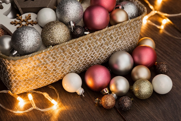 High angle assortment with glittery globes and lights