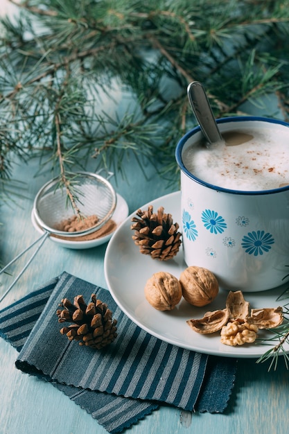 High angle assortment with mug of hot chocolate