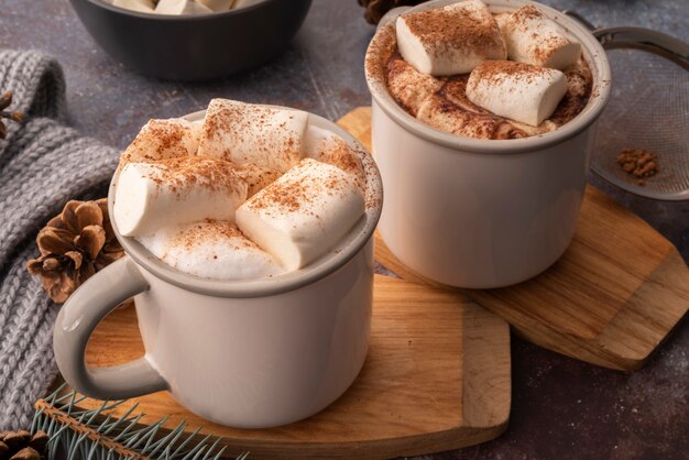 High angle assortment with tasty beverage with marshmallows