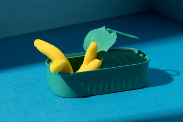 High angle assortment of yellow candies