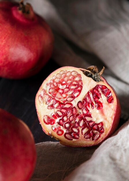 High angle of autumn pomegranate fruits
