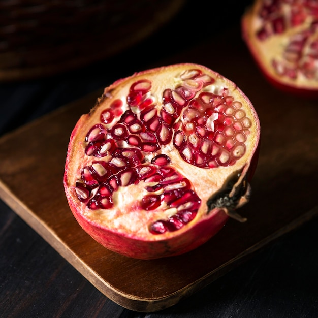 High angle of autumn pomegranate halves