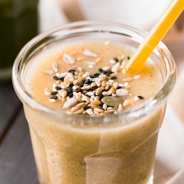 High angle avocado smoothie with seeds