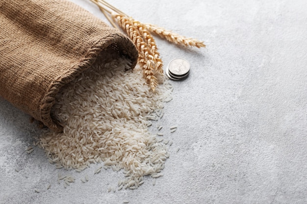 High angle bag with rice and grains