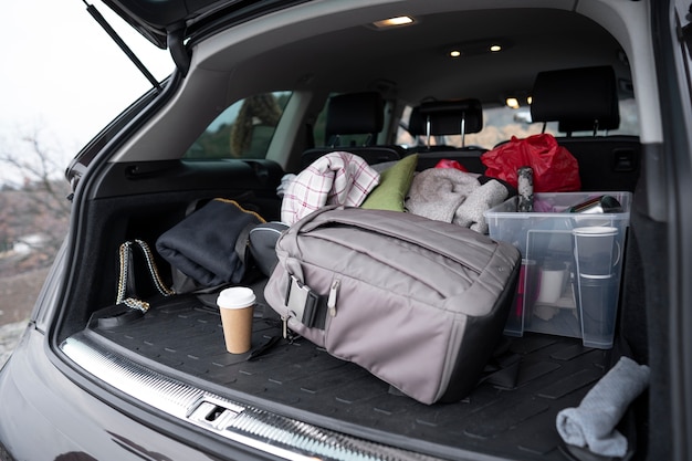 High angle baggage in car trunk