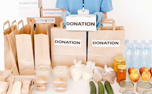 High angle of bags with food for donation