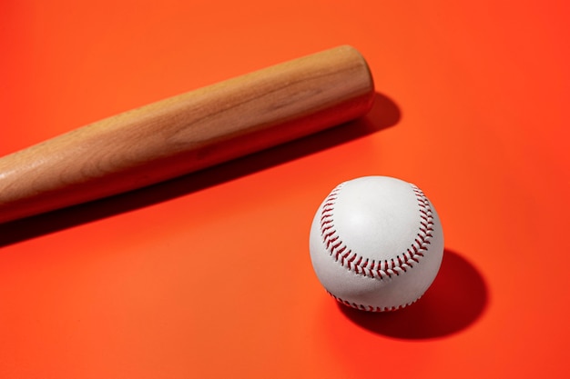 High angle of baseball with bat