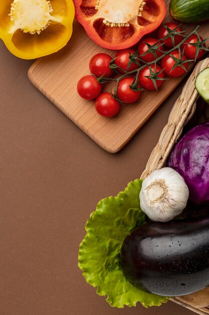 High angle of basket of organic vegetables