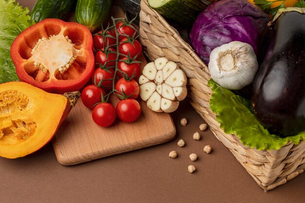 High angle of basket of organic vegetables