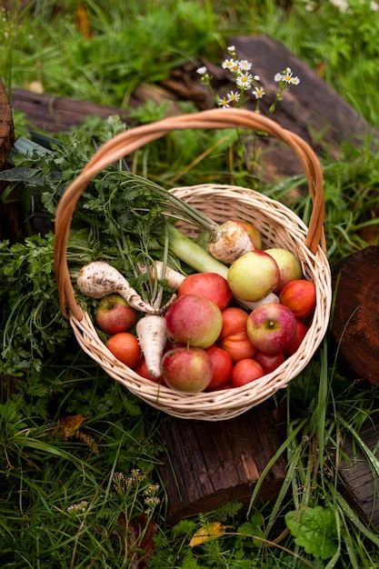 Free photo high angle basket with apples and vegetables