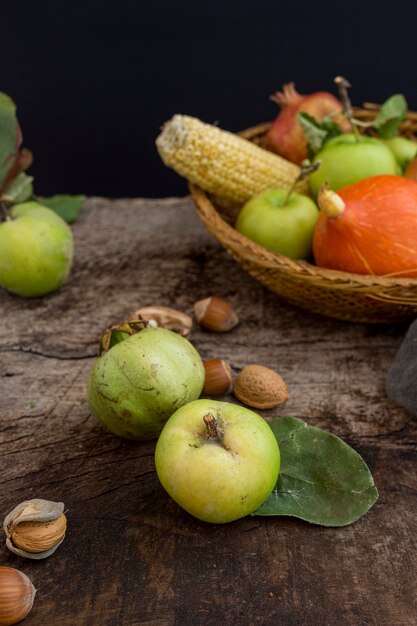 High angle basket with autumn food