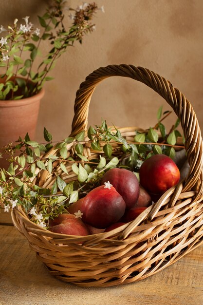 High angle basket with fruits