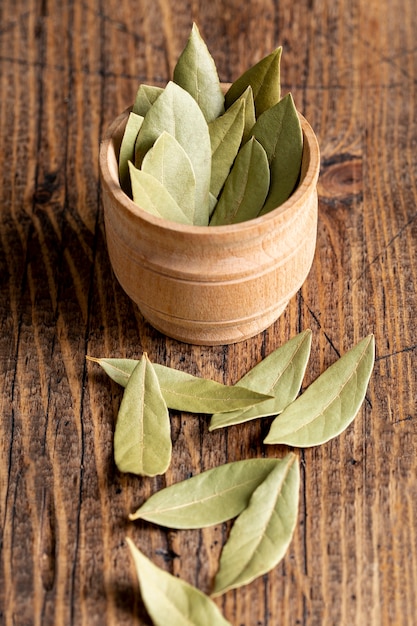 High angle of bay leaves in bowl
