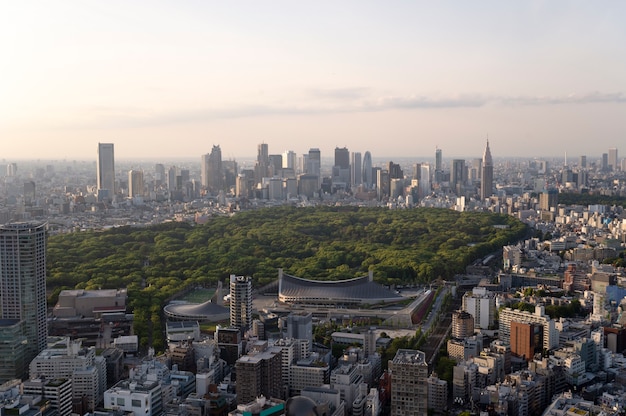 ハイアングルの美しい街並みと公園