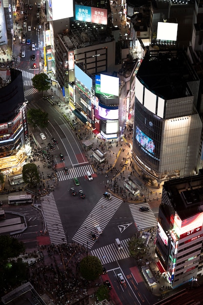 Free photo high angle beautiful tall buildings nighttime