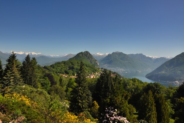 高山湖のある山々の森の高角度の美しい景色